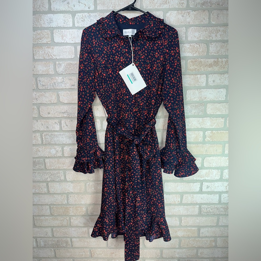 NEW MIKAEL AGHAL Belted Navy floral-print midi dress Size 10 - 0365